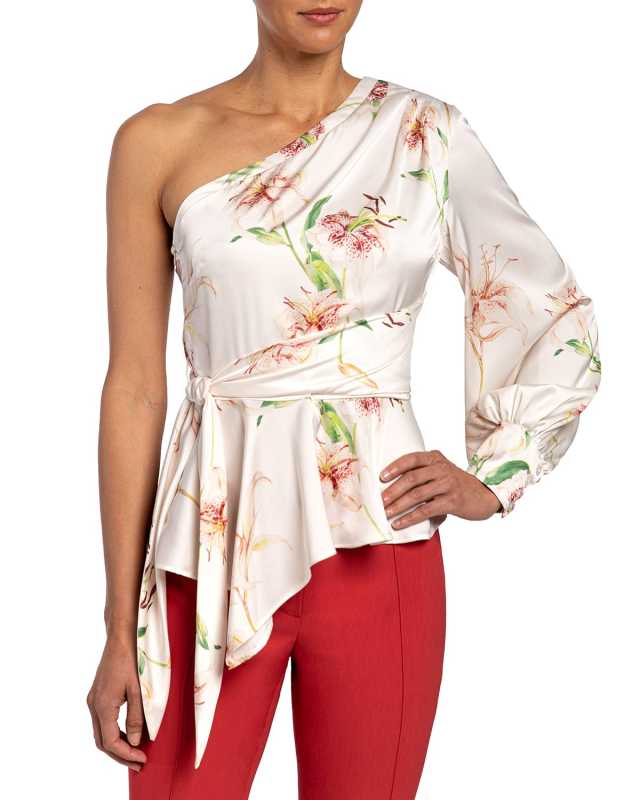 Vega Lily Printed One-Shoulder Charmeuse Blouse